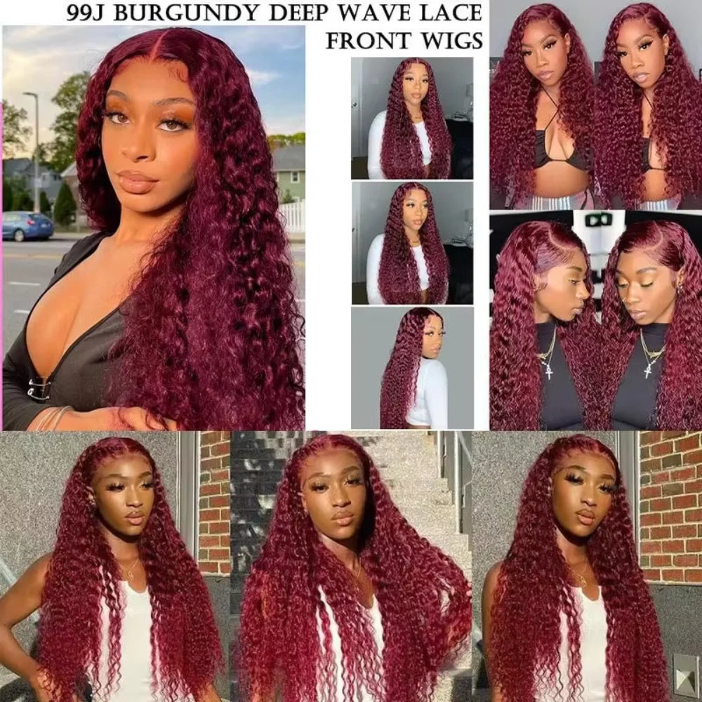 99J Burgundy Deep Wave Human Hair Lace Front Wig